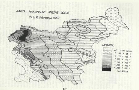 Zemljevid višine snežne odeje leta 1952_Vir članek Danilo Furlan - Snežne padavine v Sloveniji 12.-15. februar 1952